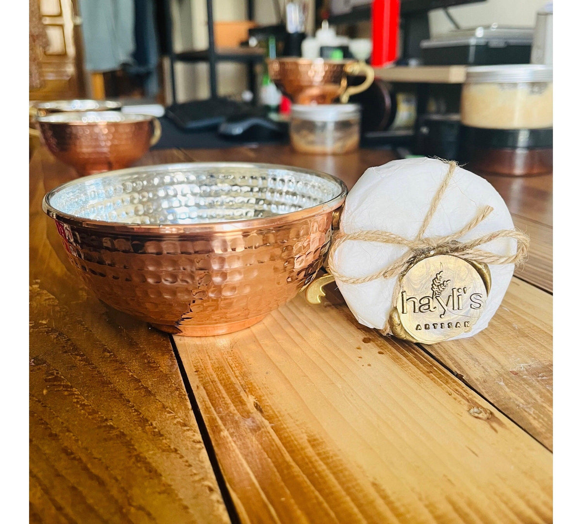 Hand-Hammered Copper Bowl with 35 gr. Artisan soap sample puck.