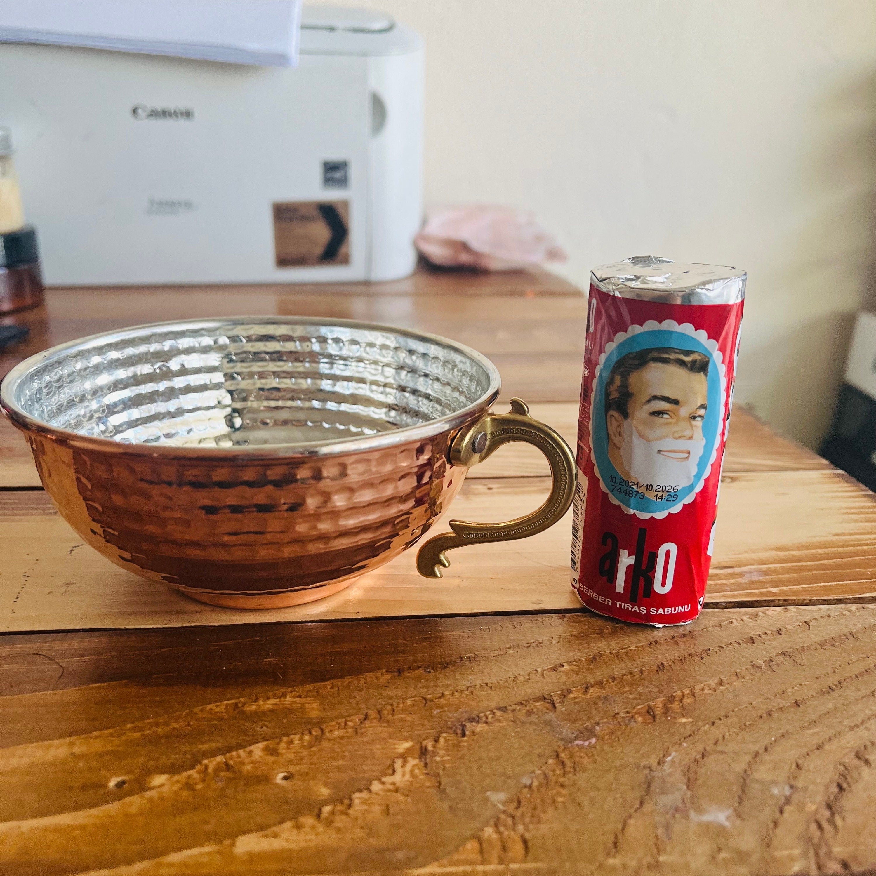 Copper Shaving Bowl with Arko or Artisan soap puck Hand-Hammered Lathering Bowl for Wet Shaving